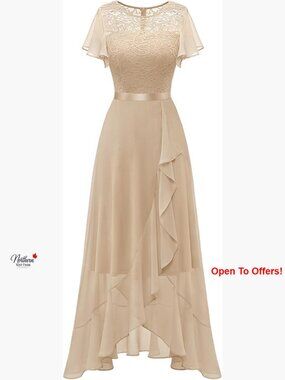 Lace Formal Dress with Slit, Short Sleeves, Semi-Transparent Back